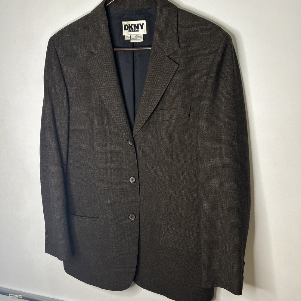 DKNY Jeans Long Brown 90% Wool 3 Button Jacket Size 12 VTG Hong Kong